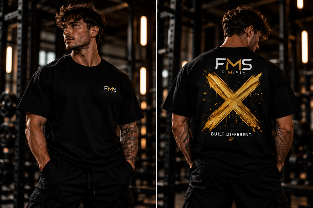FMS FiMiSto 'Built Different' T-Shirt — Gold X Logo Tee