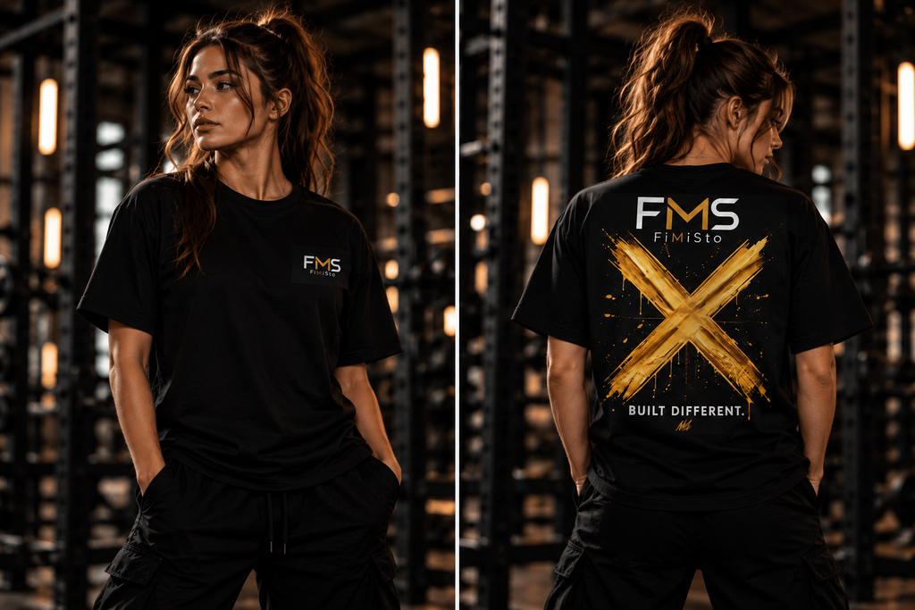 FMS FiMiSto 'Built Different' T-Shirt — Gold X Logo Tee